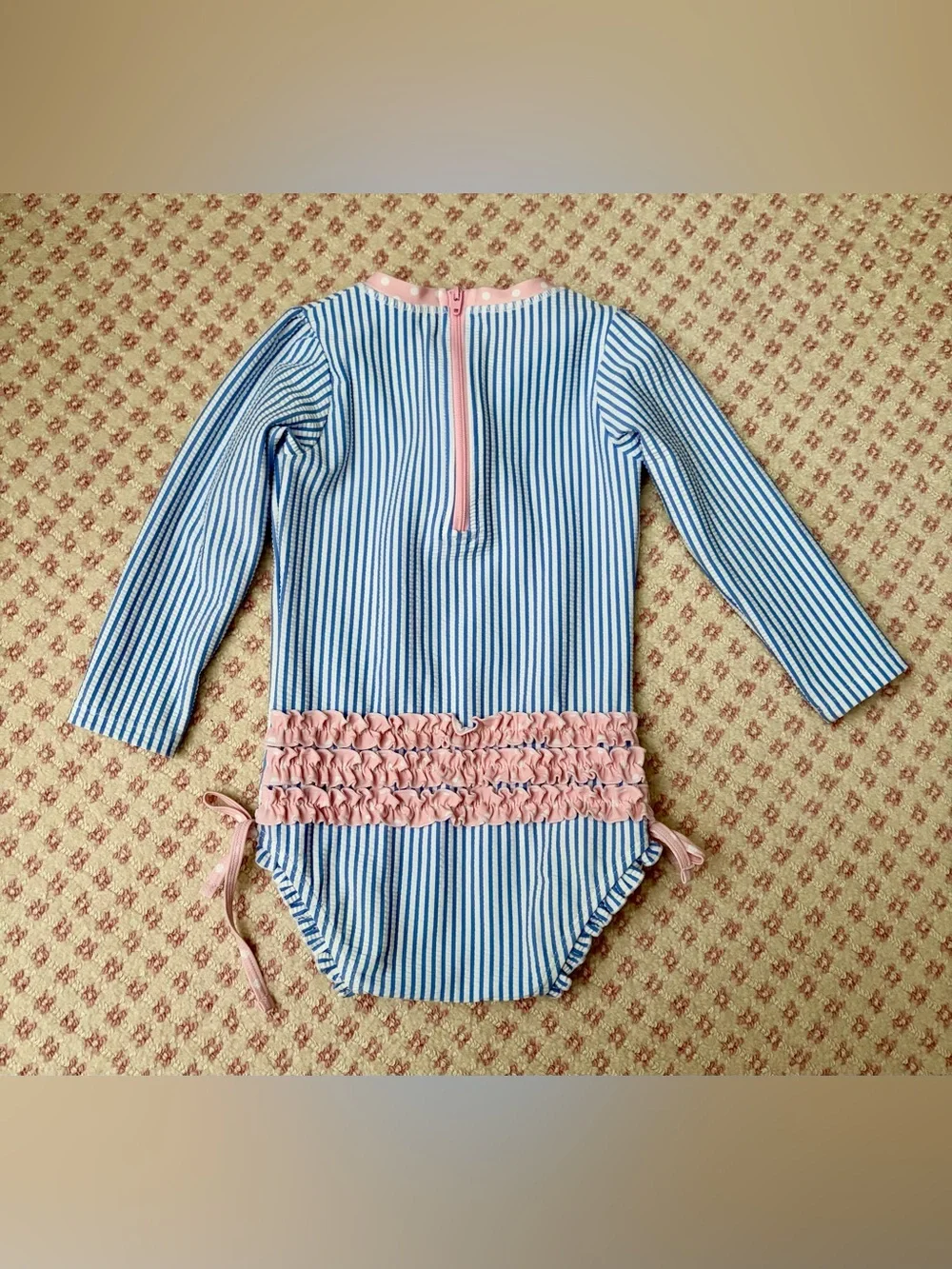 Ruffle Butts Blue & White Striped Long-Sleeve Rashguard with Pink Trim